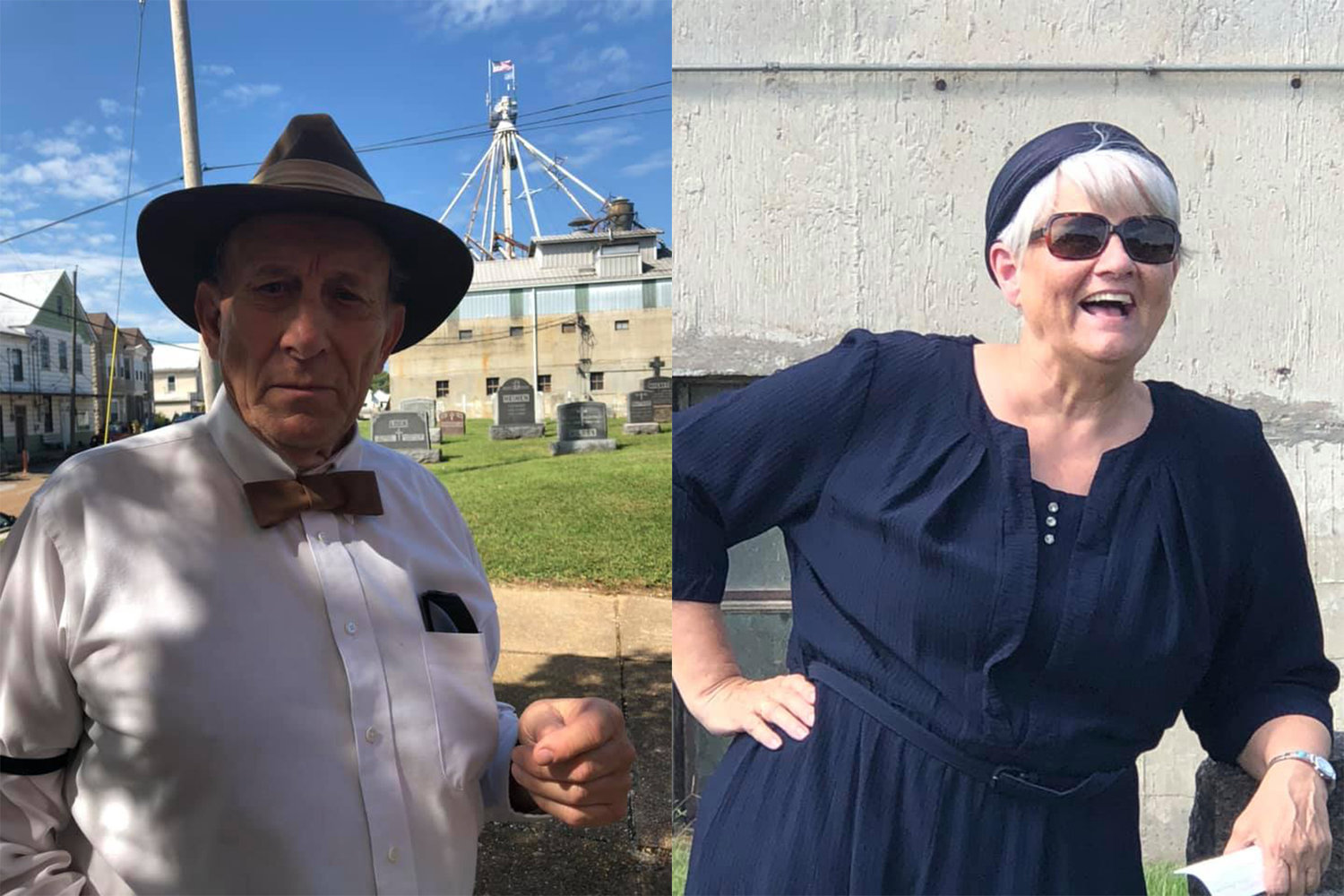 LEFT: Hubert John Backes gets into the spirit of the event. RIGHT: Caroline Brandt Pearon portrays Wilhelmina Rehagen Sonnen Muehling Daube at Immaculate Conception parish’s “Voices from the Past” cemetery tour in Loose Creek, although she is not related to her.